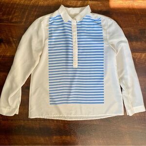 J. Crew Chiffon Blue Striped White Long Sleeve Blouse size large
